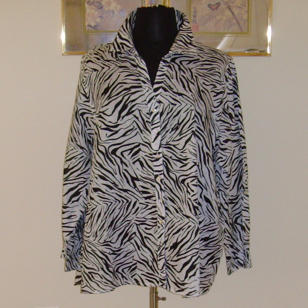 CYNTHIA ROWLEY 100% Linen Blouse 3X Zebra Print - Picture 3 of 13